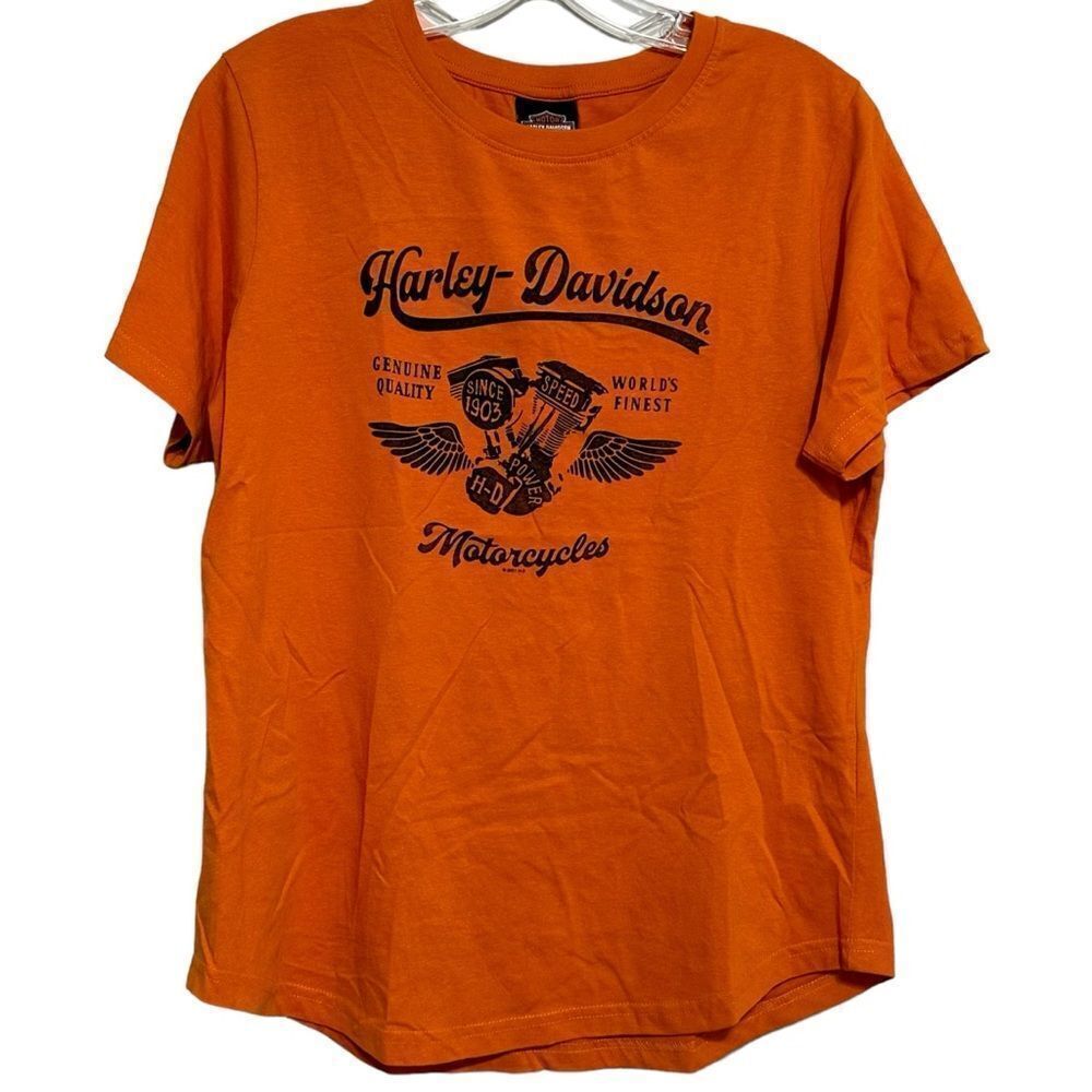 Harley-Davidson Shirt Womens Medium Orange Graphic Tee‎ Crew Neck Casual Biker